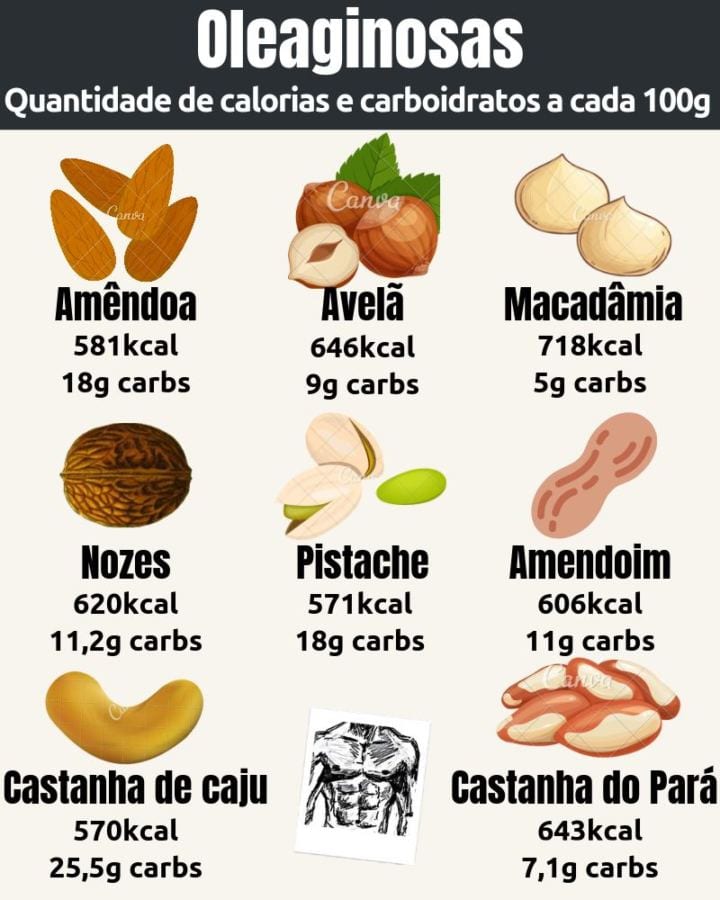 Quantidade de carboidratos das oleaginosas (castanhas, amêndoas, nozes, macadâmias, pistaches, avelãs e amendoins)